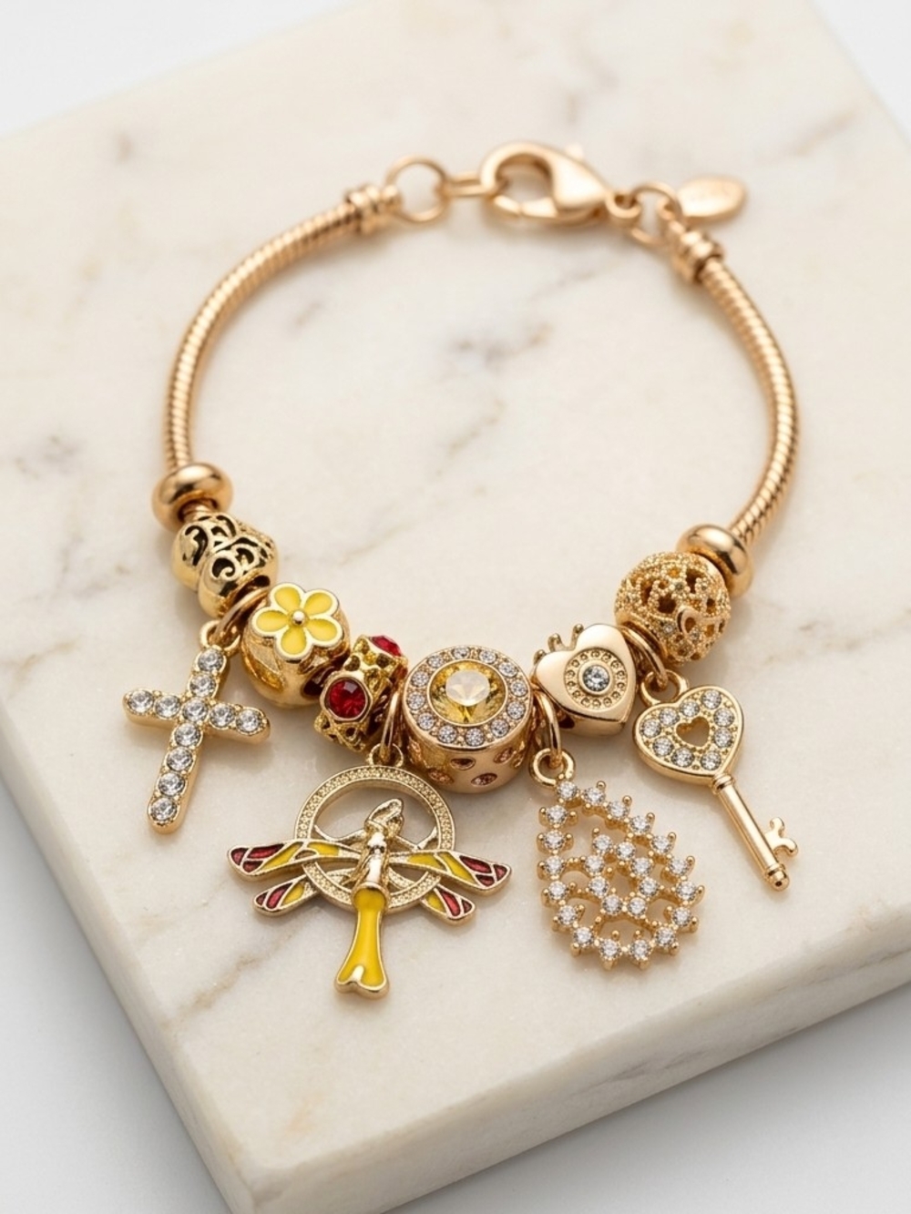 Fashion Jewelry Gold-Tone Charm Bracelet with Yellow & Red Accents